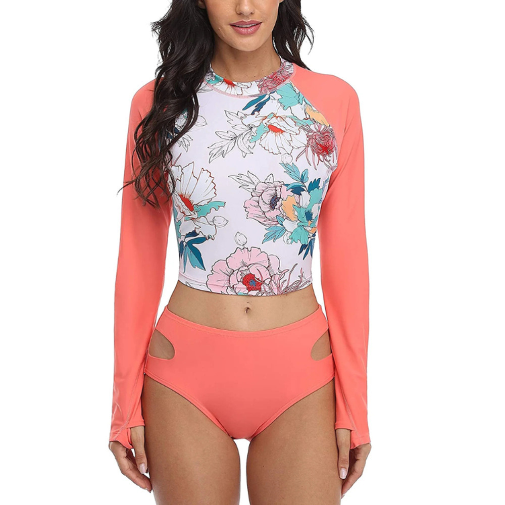 Attraco Women's Long Sleeve Top Size XL UPF 50+ Floral Print Cropped Rash guard